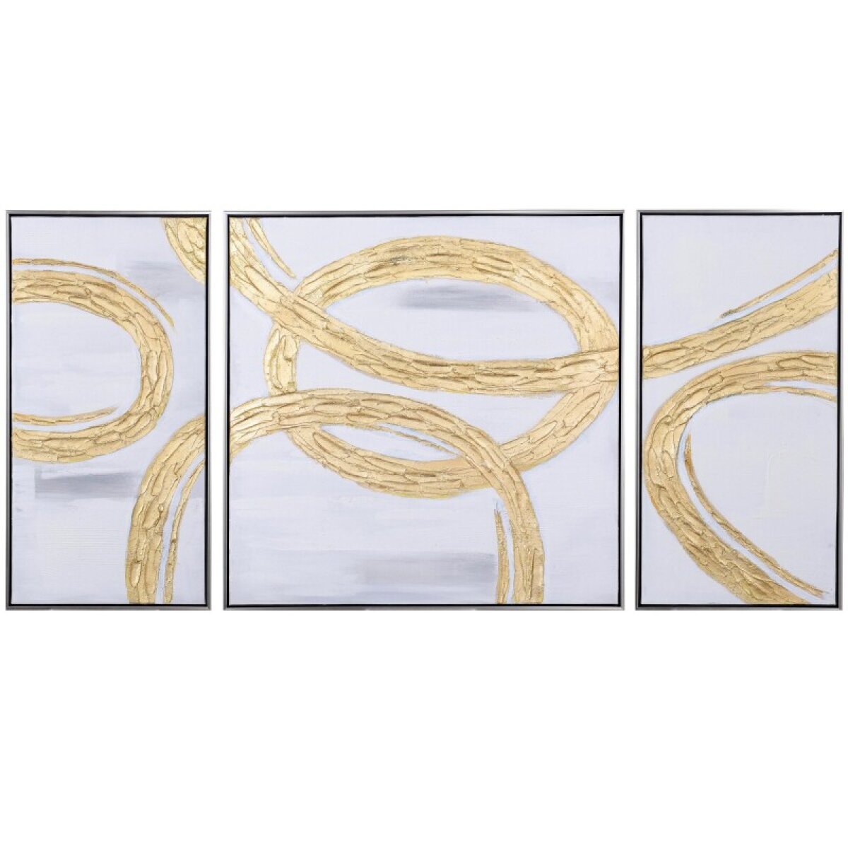654fac2e03d411c68be198ad9d3f4237 Triptychis Abstract Gold Circles Oil Painted Hand Embellishments On Canvas With Black Frame - Image 1