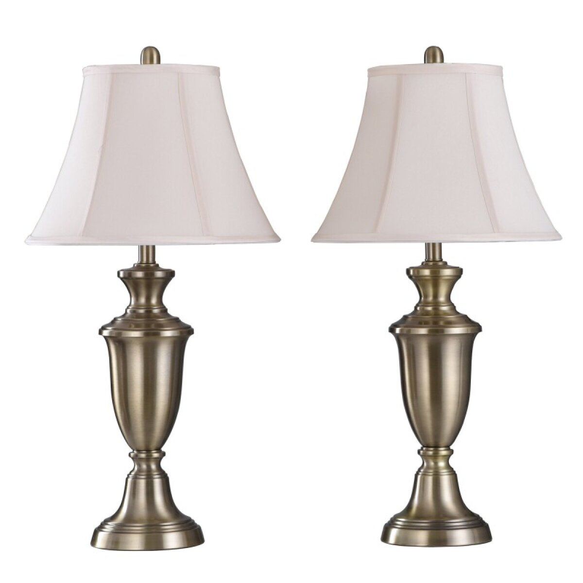 684a7a309a79f250bcca19c13d91283b Pair Of Steel Table Lamps In Antique Brass Finish With Round Bell Silk Shades - Image 1