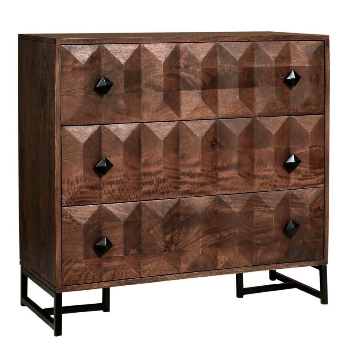 6efcea4f217676db3dfbf106923a23ba Pyramid Three Drawer Chest Solid Mango Wood Chestnut Brown Finish - Image 1
