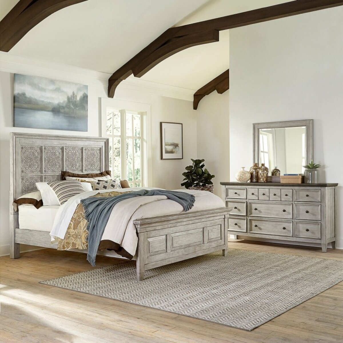 6f21fecbb1ca9d6a015a917b4ee8fd13 King Opt Panel Bed, Dresser & Mirror - Image 1