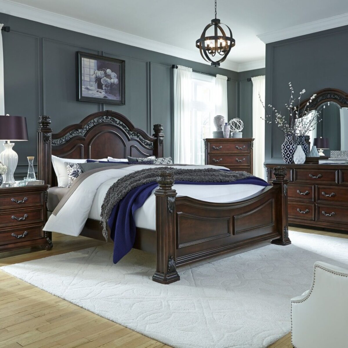 7466d49566d2591f6f60695265ab769c King Poster Bed, Dresser & Mirror, Night Stand - Image 1