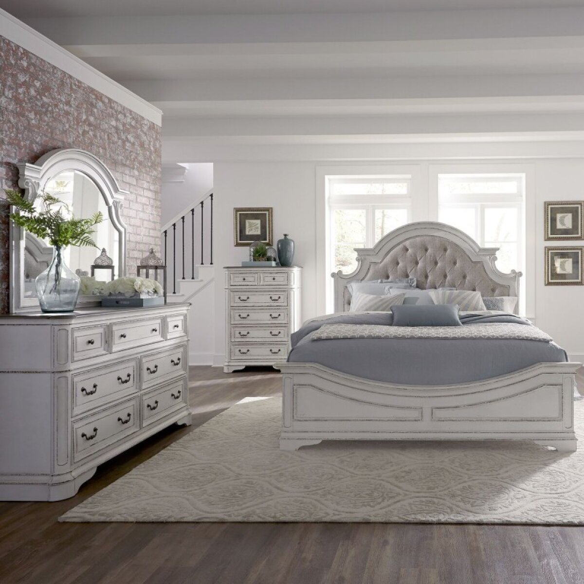 74a064dd3c8c304d09c94e05a202a553 Magnolia Manor King Uph Bed, Dresser & Mirror, Chest - Image 1