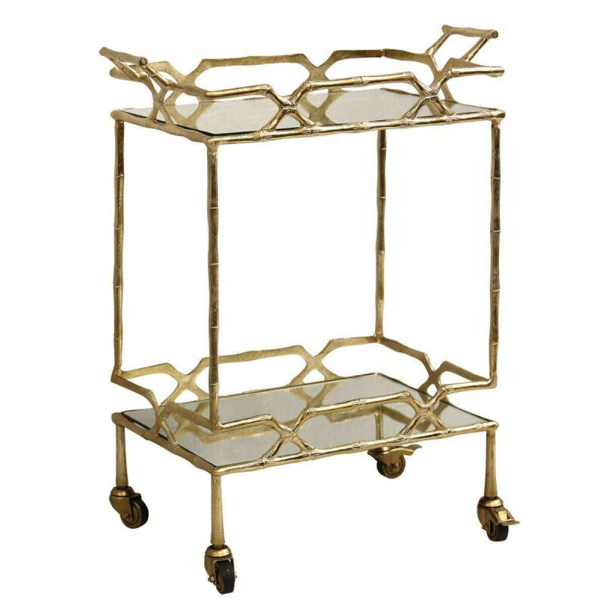 770060621289e44683c5f2000d795974 Gold Caster Cart Two Tier Bar Cart Made Of Cast Aluminum With Inset Mirror Shelves - Image 1