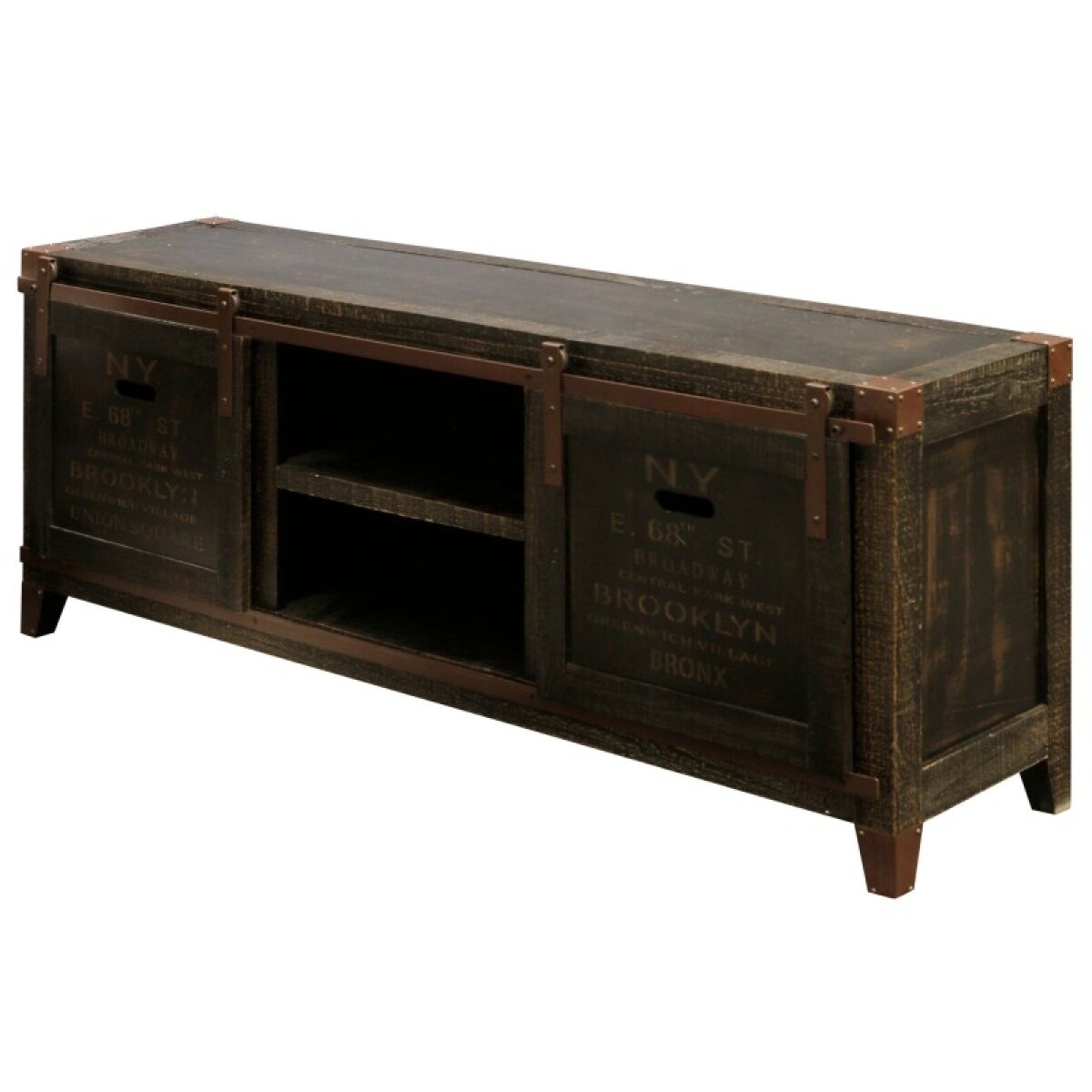 77aad5672c34d1773f04731d174fd279 Bronze Crate Distressed Crate Style Tv Console With Storage And Barn Door Hardware - Image 1