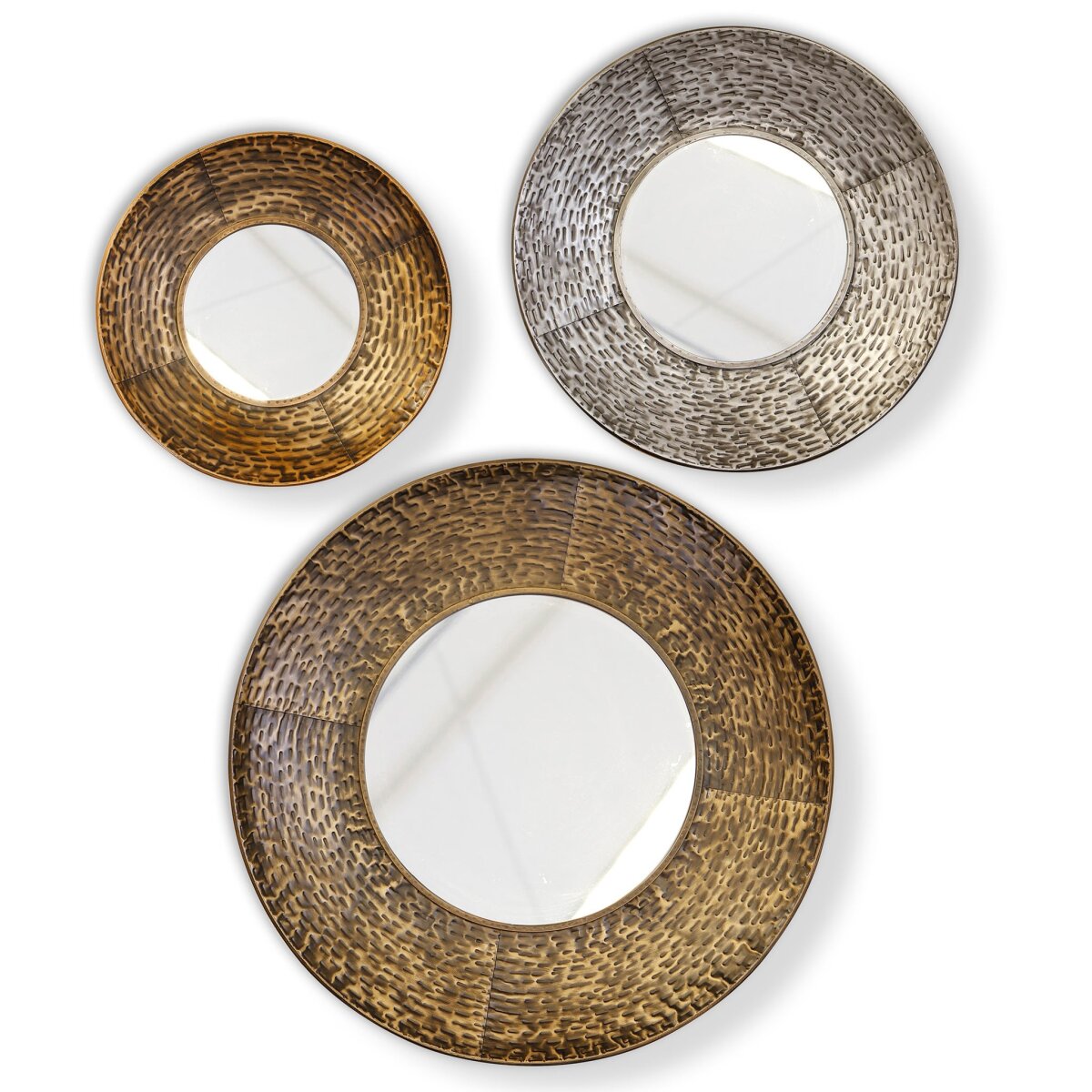 792527a150bd8c636a4097e3e05405e4 Regina Mirror- Set Of 3 | Gold Silver And Bronze Finishes On Metal Frame | Plain Glass Beveled Mirr - Image 1