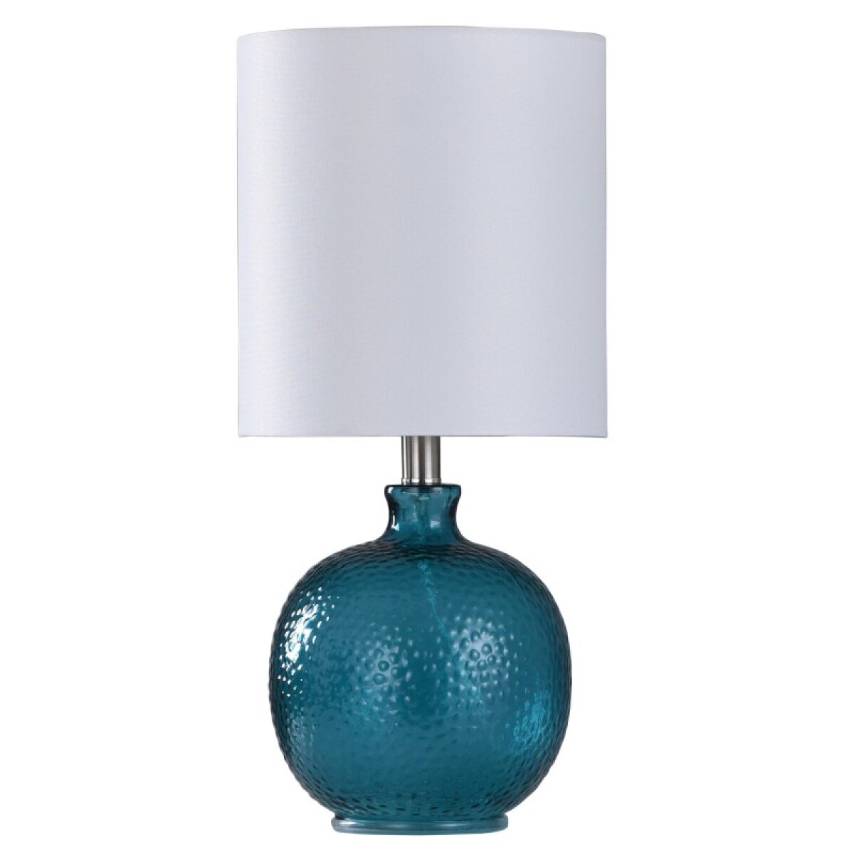 795afa0c5e52daae10383e527cb22080 Mini Spanish Glass Ball Lamp In Cerulean Finish White Drum Fabric Shade - Image 1