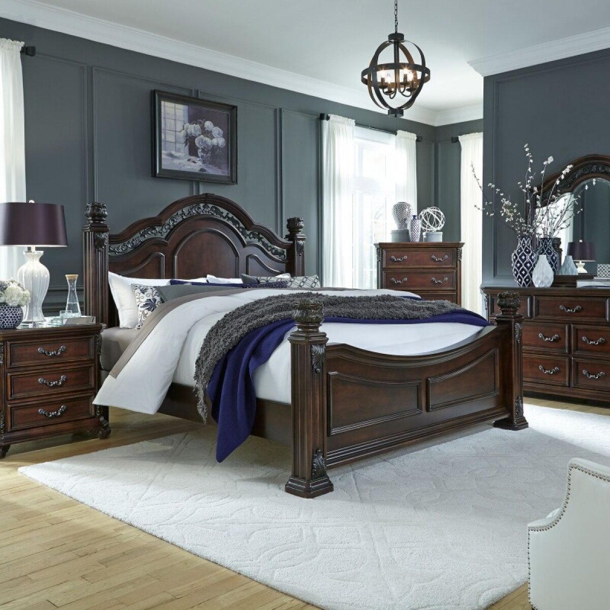 7b1936842cfca3940fe4bc9f8d1aec6d King Poster Bed, Dresser & Mirror, Chest, Night Stand - Image 1