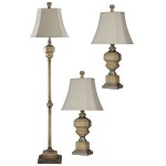 Set Of 3 Lamps 1 Floor 2 Table In Antique Caramel With Natural Line Shades