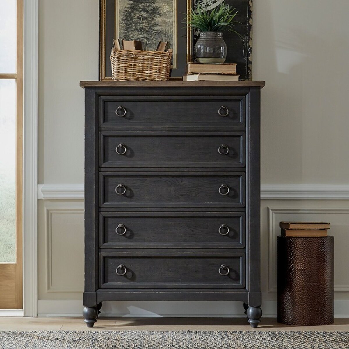 7ef7d02ff5792361e46ae99681721614 Americana Farmhouse 5 Drawer Chest - Black - Image 1