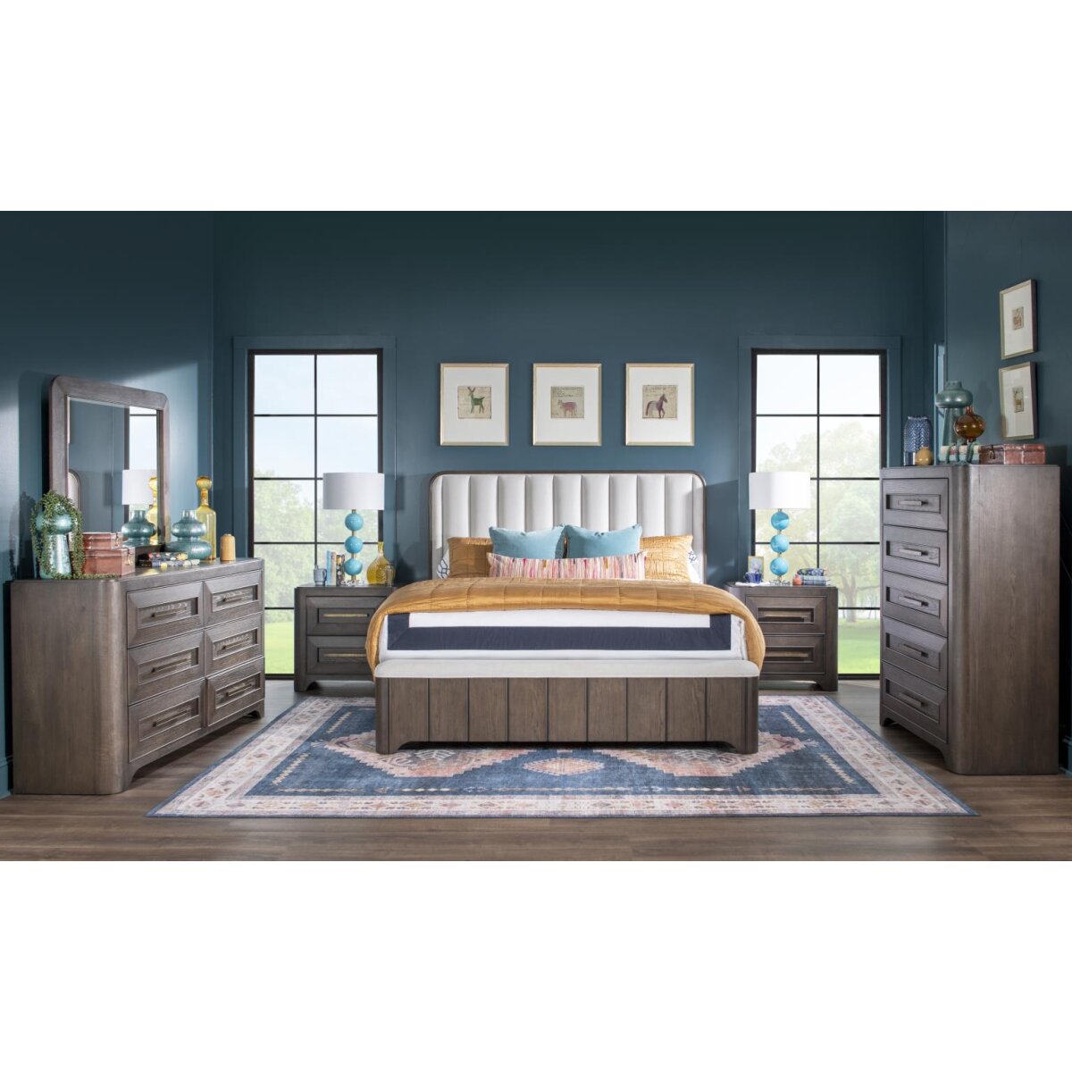 810b3e3c9b81c78be23e0f3d2c337ca8 Complete Queen Uph Bed 5/0, 6 Drawer Dresser, Mirror, 5 Drawer Chest - Image 1