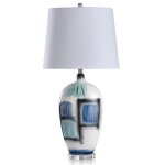 Trier Blue Patch Painted Ceramic Body Table Lamp With Clear Acrylis Base And White Linen Shade 1