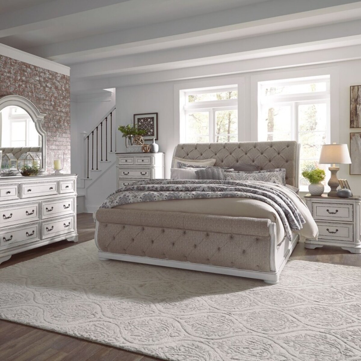 825b49b457f37dca4ccde2406f32855a Magnolia Manor King California Upholstered Sleigh Bed, Dresser & Mirror, Chest, Night Stand - Image 1