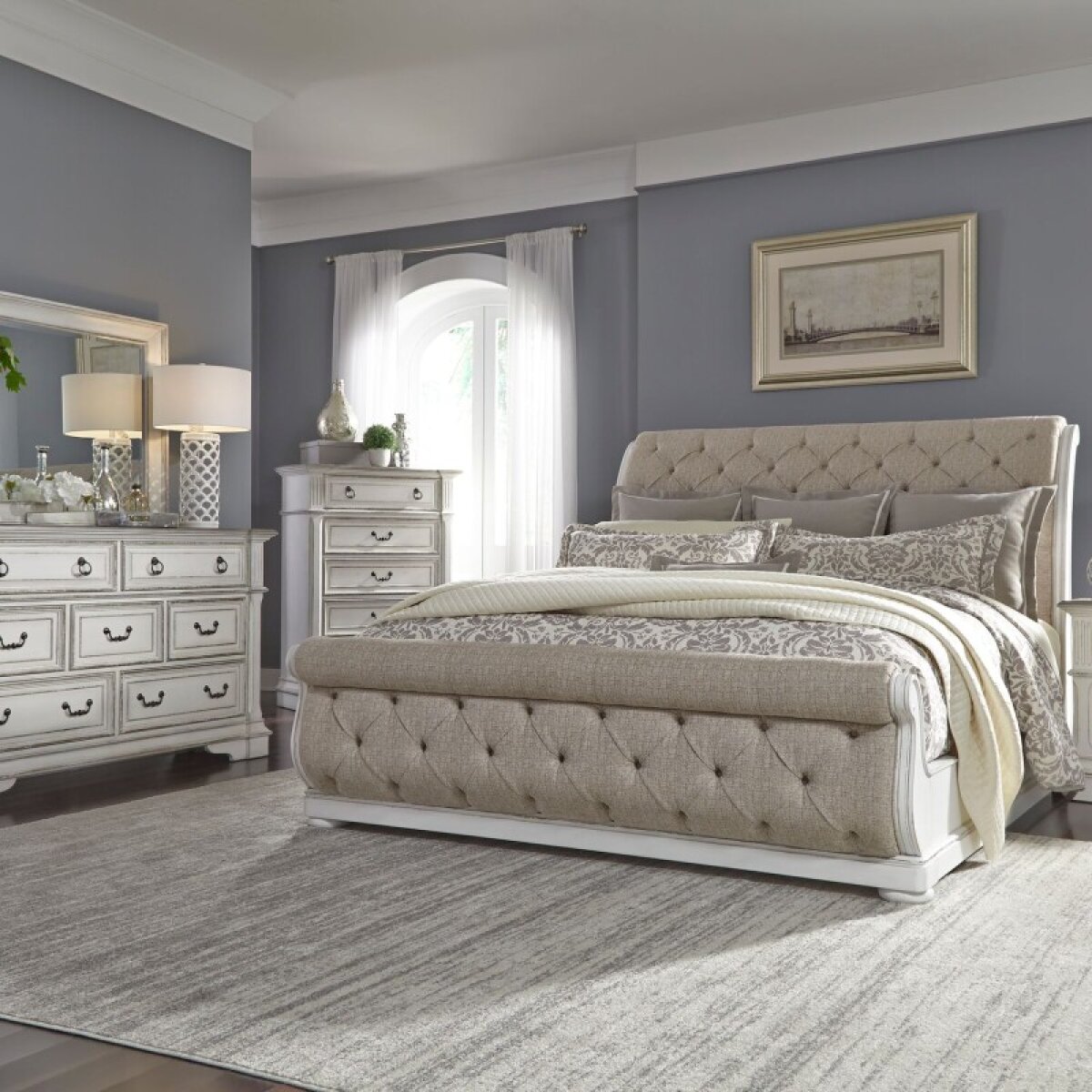 8312fc83b308d3eac8046645632f3e0a Abbey Park Queen Uph Sleigh Bed, Dresser & Mirror, Chest - Image 1
