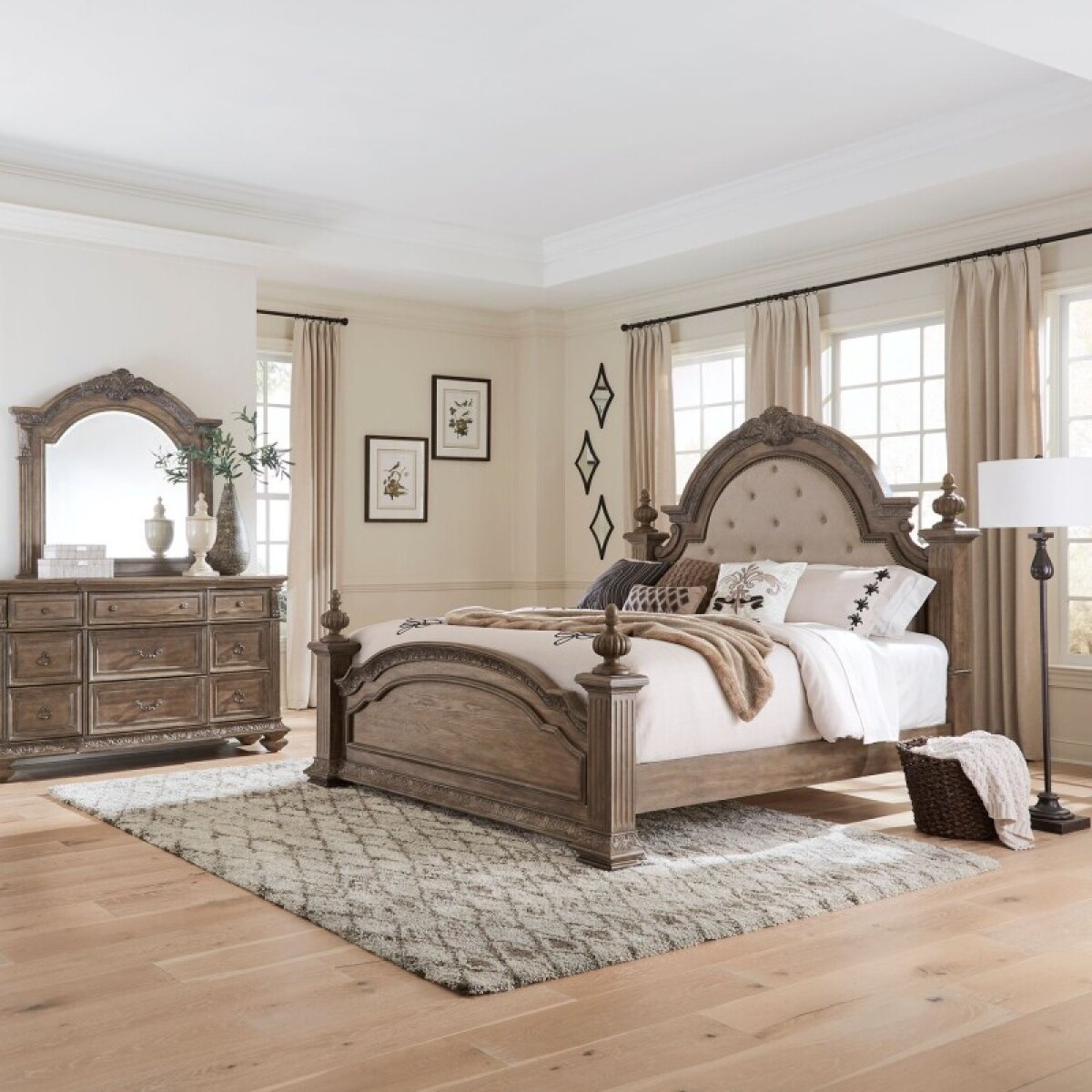 84a2f604de4e3be9d81058ccbf6748c5 King California Poster Bed, Dresser & Mirror - Image 1