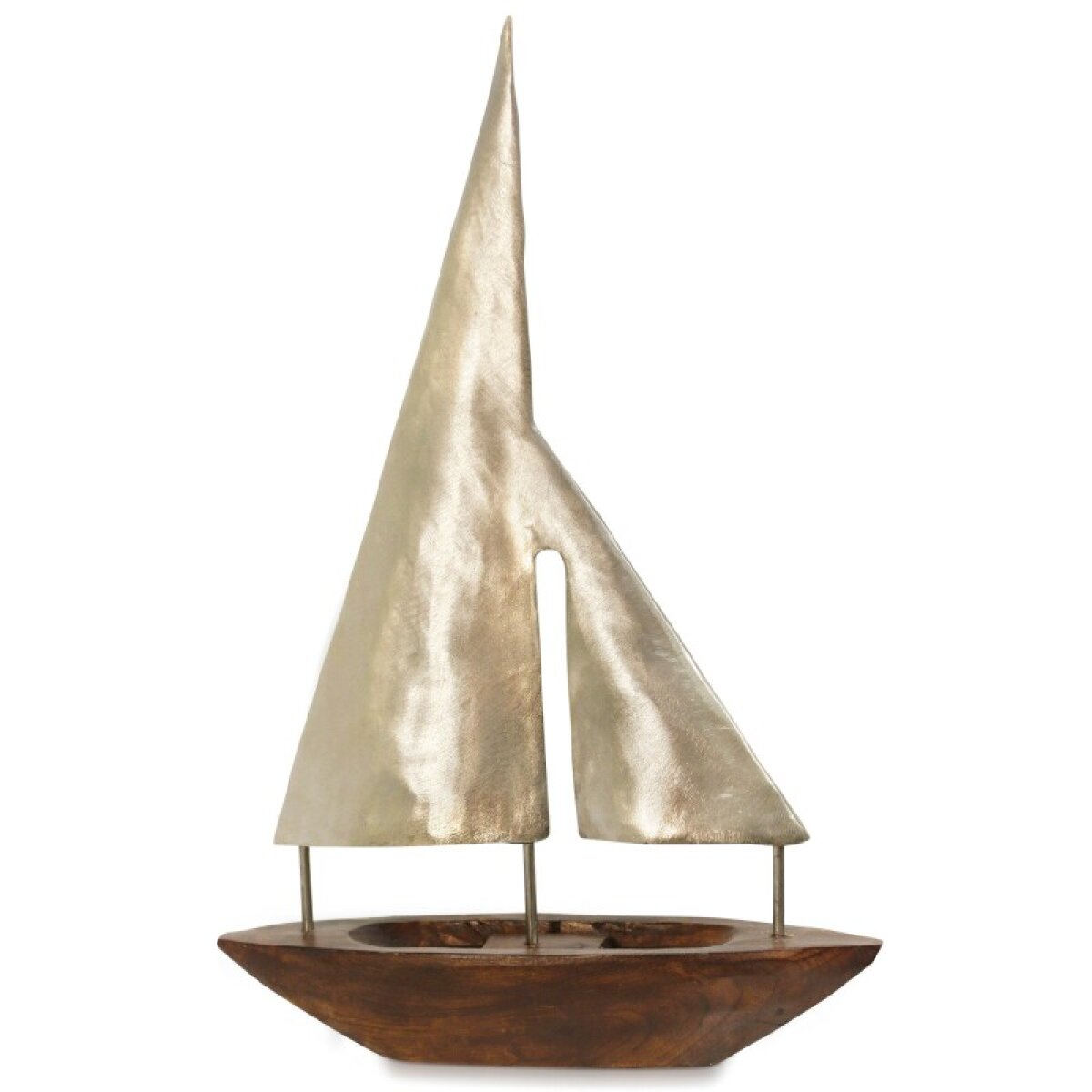 8550024d5f03bac5b903b2c3e4f06e1e Large Pewter Sails Natural Stained Wood Base Boat Sculpture With Pewter - Image 1