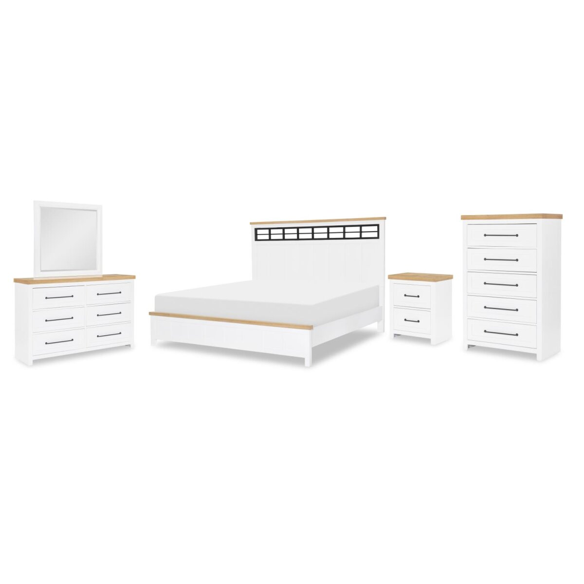 85c5834897f2d612adbd33a4c850f071 Complete Panel Bed, Queen 5/0, Mirror, Dresser, Chest - Image 1