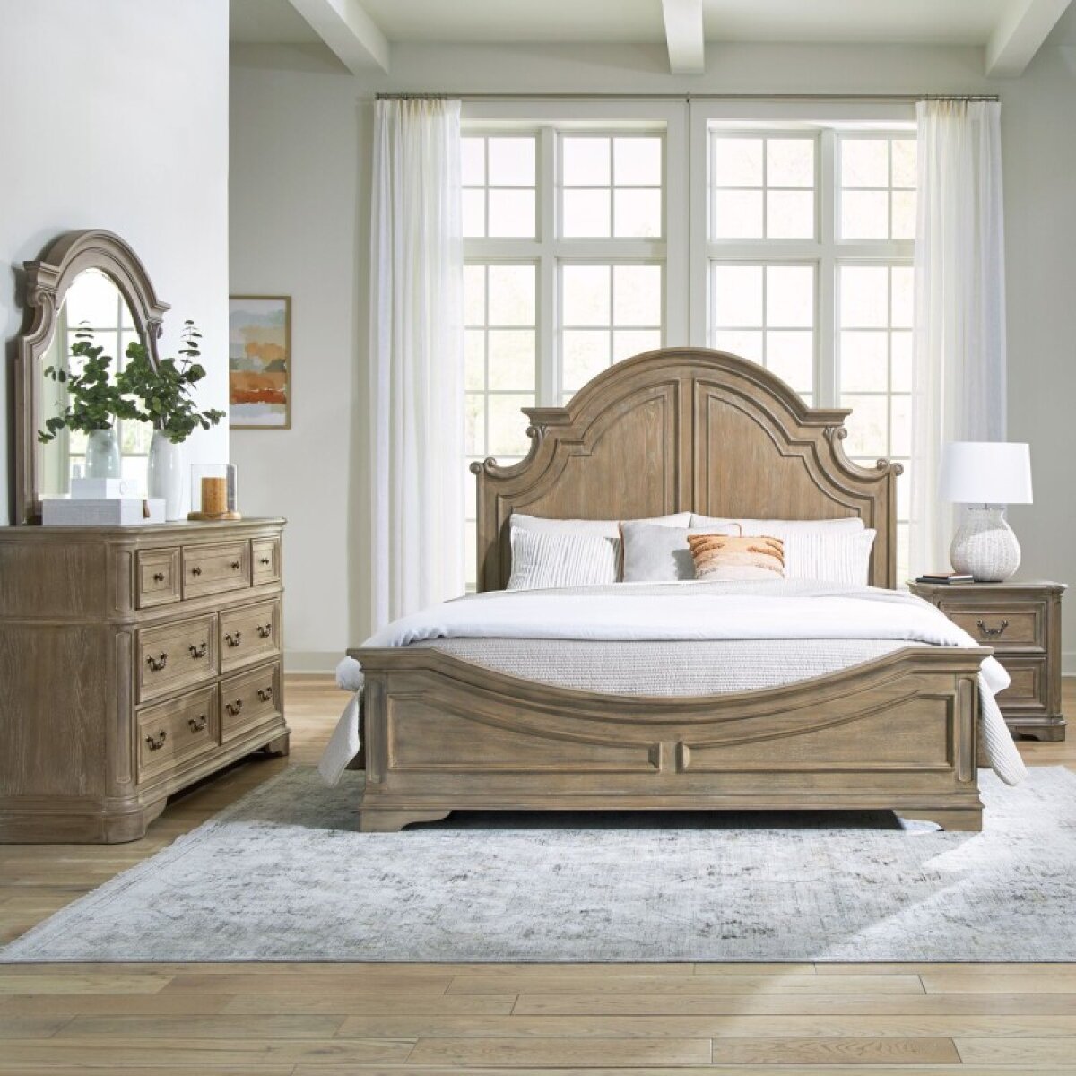 89b144a92dcf0bc71ca52f7f8ecac822 Magnolia Manor King Panel Bed, Dresser & Mirror, Night Stand - Image 1