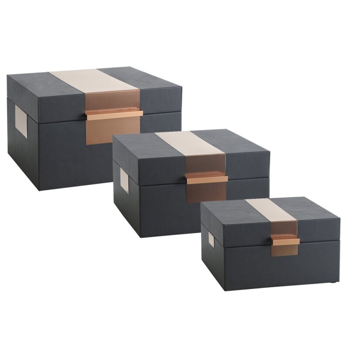 8a8fe0af2b018c52ae4cd5fdb8b2734c Norman Wyatt Home Dark Smoke & Bronze Set Of 3 Leather Accessory Boxes - Image 1