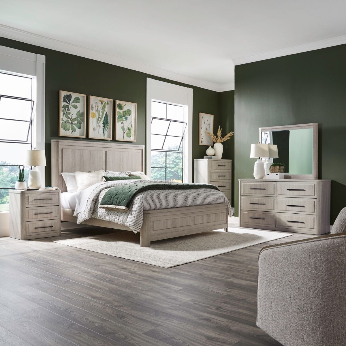 8abd309f0caa48f5453325f631203a65 King Panel Bed, Dresser & Mirror, Chest, Night Stand - Image 1