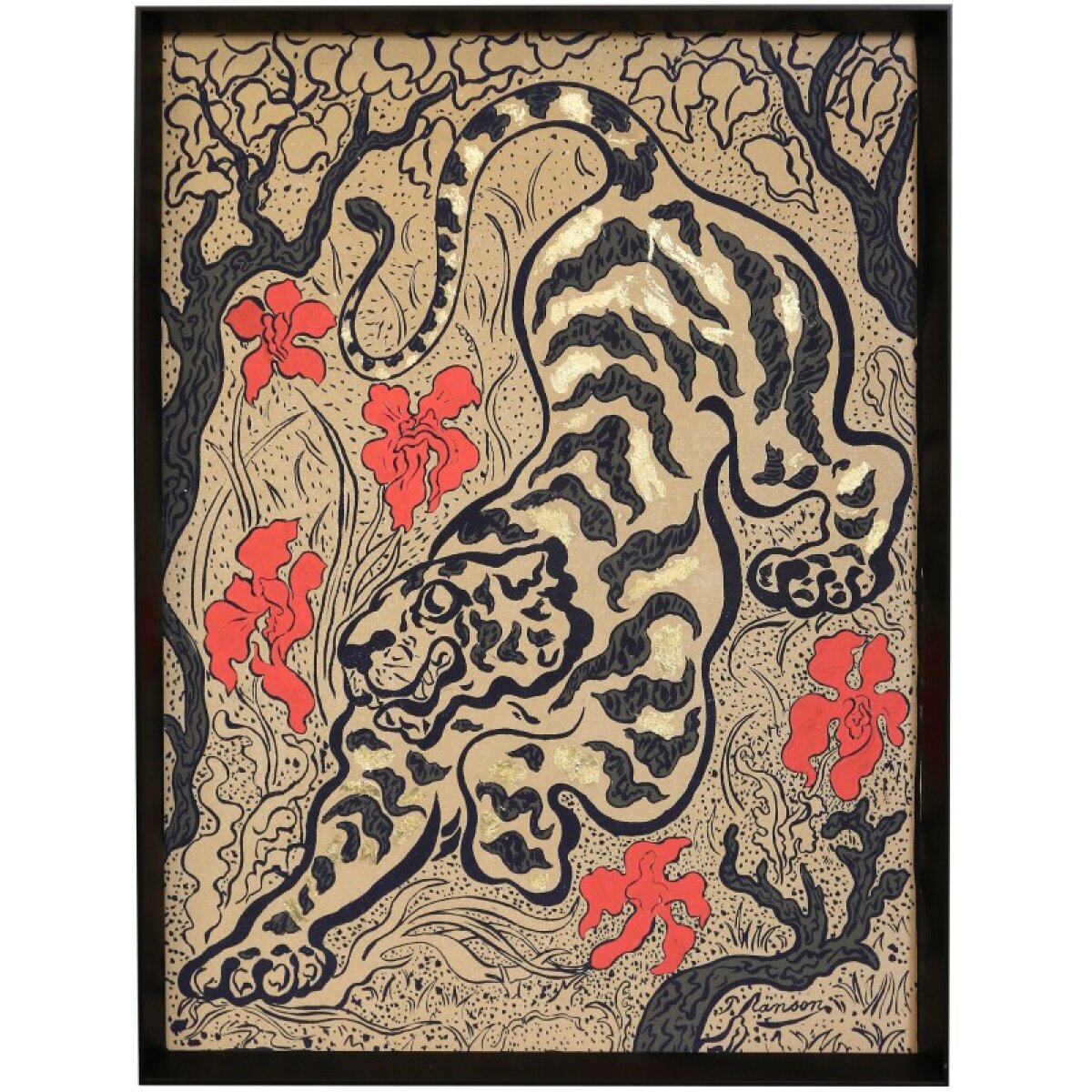 8db33250eae26ad3bf476858edce033a Tiger With Red Flowers Framed Print Under Glass - Image 1