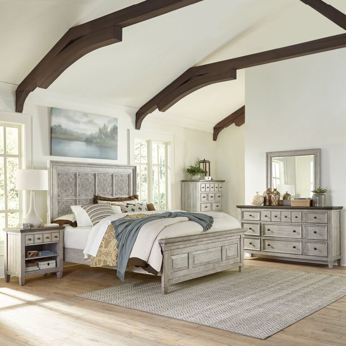 96097c9ddeda4830874b3e2345f78fe8 Heartland Opt Queen Panel Bed, Dresser & Mirror, Chest, Night Stand - Image 1