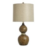 Mizoram Wood Molded Table Lamp With Antique Brass Accents & Hardback Shade