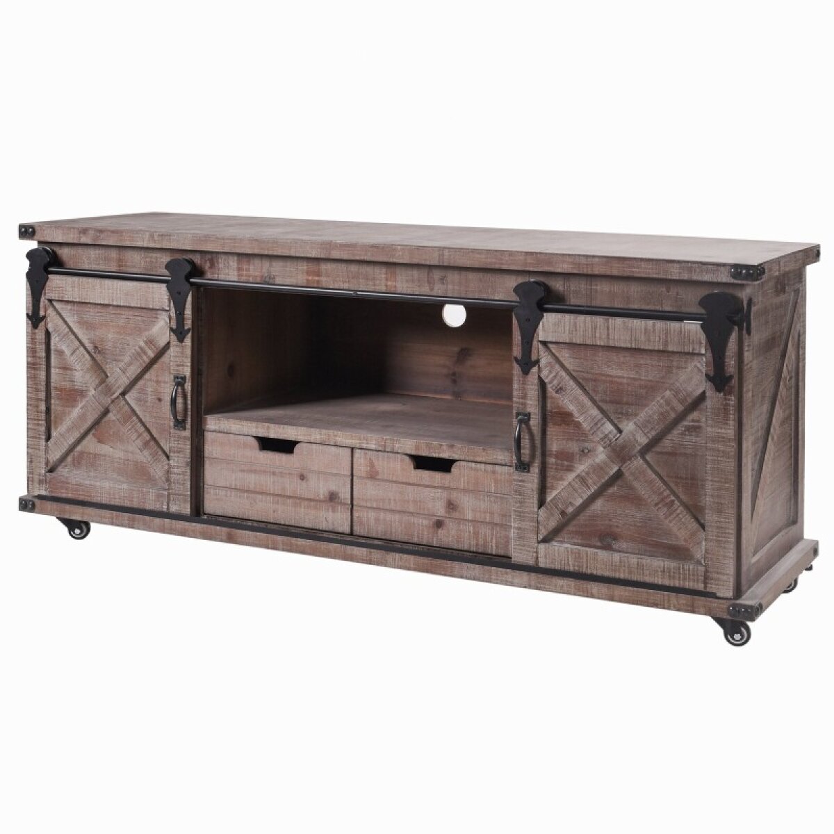 97a023e1f5b23acf9fce5ca62dd36de4 Natural Barnwood Farmhouse Tv Console On Casters With Barn Door Hardware - Image 1