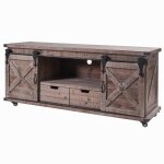 Natural Barnwood Farmhouse Tv Console On Casters With Barn Door Hardware