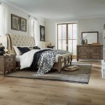 Americana Farmhouse Queen Sleigh Bed, Dresser & Mirror, Night Stand