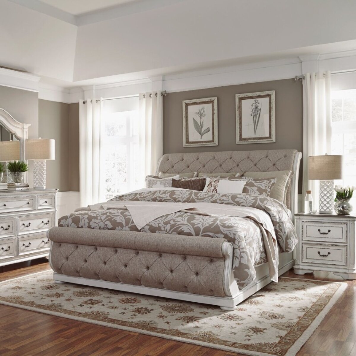 9911242961da4872460e09298d8fd3d9 Magnolia Manor King California Upholstered Sleigh Bed, Dresser & Mirror, Night Stand - Image 1