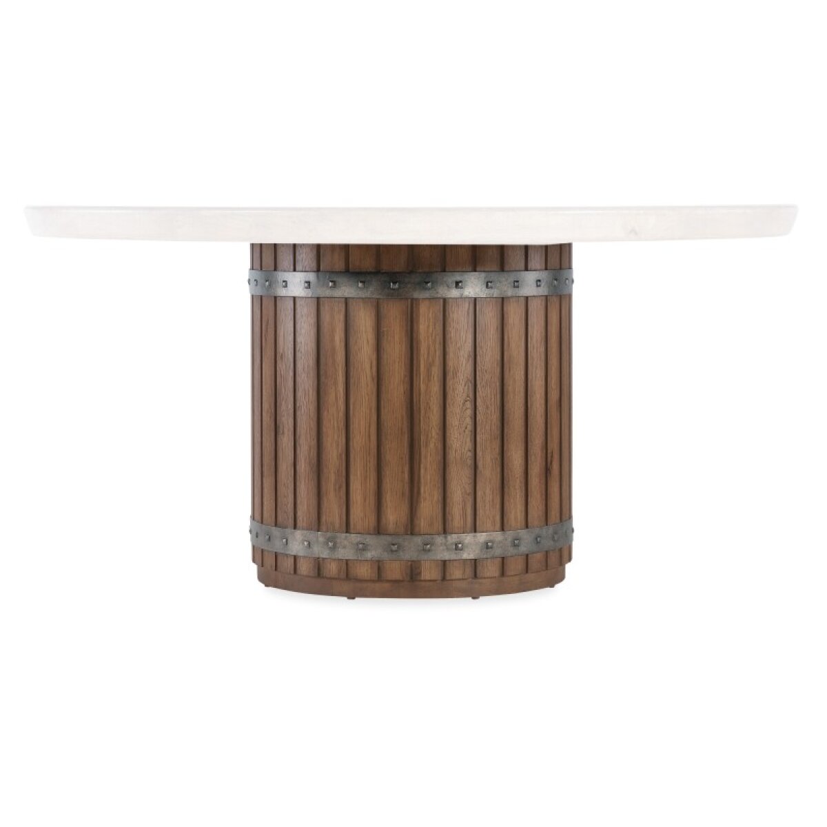 9918a2791a4549c0c8ba53d670591618 Casual Dining Vineyard Row Round Dining Table Barrel Base - Image 1