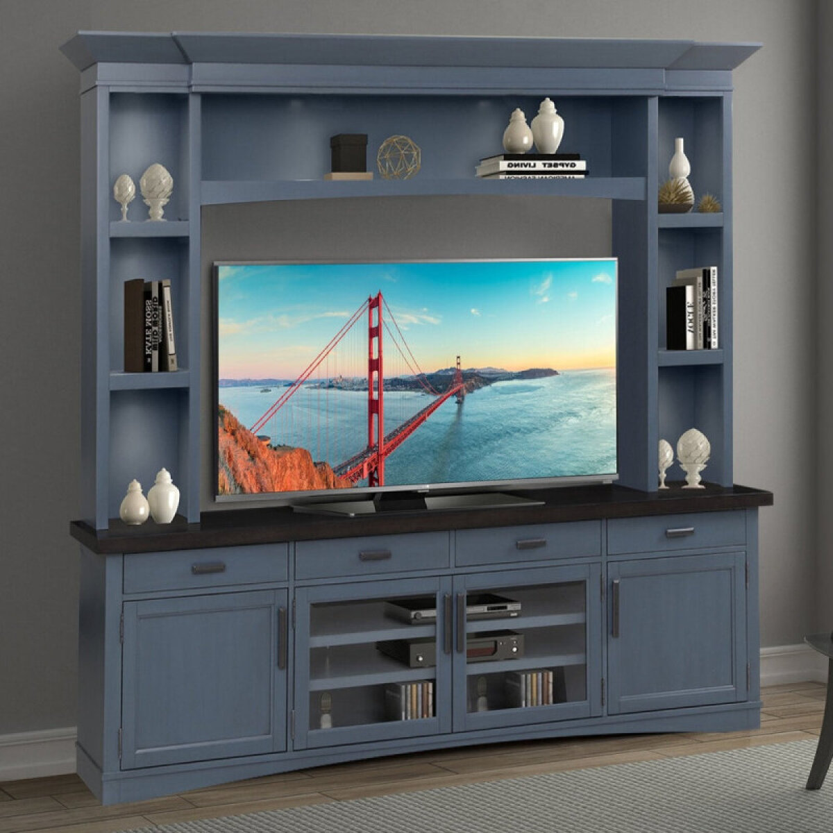 998efa27b09ae58a9b610cb2f8bc2476 Americana Modern - Denim 92" Tv Console With Hutch & Led Lights - Image 1