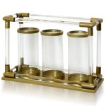 Clear Glass & Gold Metal & Clear Glass Stand With Three Lantern Glass Candle Holders