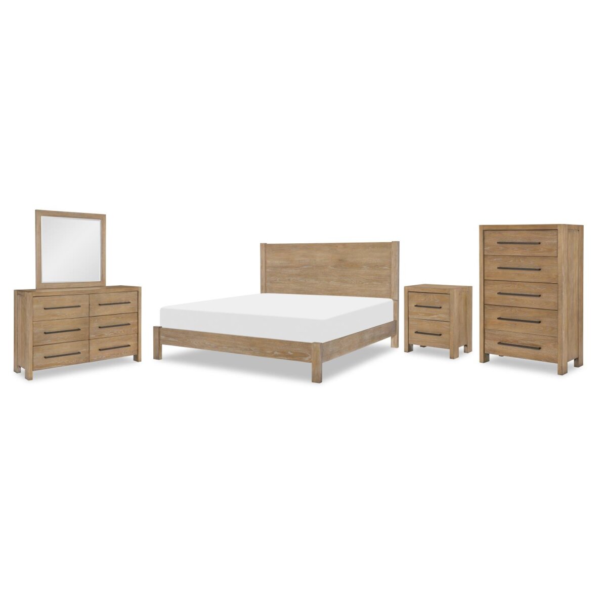 9ba47eaac6416f7416bb07e9eec5cc99 Complete Panel Bed, Queen 5/0, Mirror, Dresser, Chest - Image 1