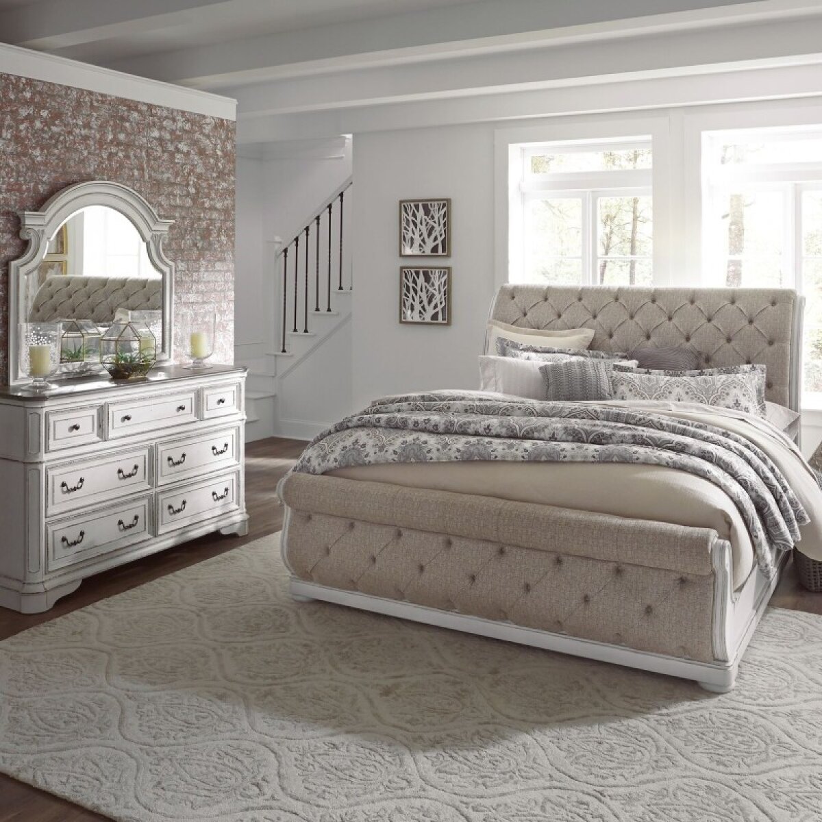 9bf631367985bd0911998bdc757c3f10 Magnolia Manor King California Upholstered Sleigh Bed, Dresser & Mirror - Image 1