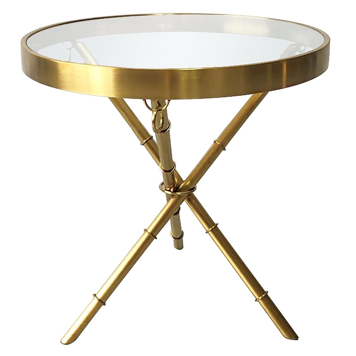 9d5100afc0f6ca55de98819bd8bb887f Portola End Table | Brushed Gold Finish On Metal With Clear Glass Top - Image 1