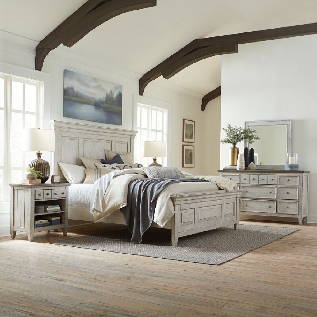 9e5aba66da46b0d6a3bff9629d17bd7e Heartland King California Panel Bed, Dresser & Mirror, Night Stand - Image 1