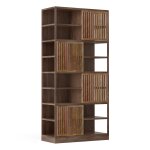 Watson Bookcase | Natural Finish On Sliding Slat Doors With Gray Finish On Mango Wood