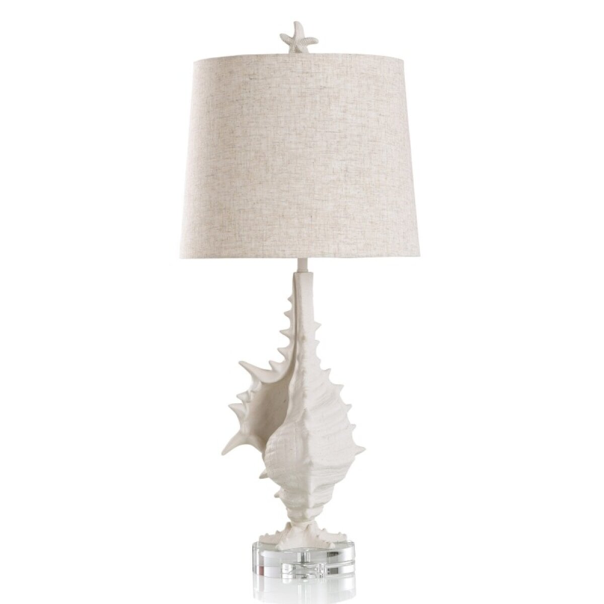a5a9f6cff495dcfa5353ef3b3ef61155 White Sandstone Coastal Table Lamp With Conch Shaped Base And Acrylic Accent - Image 1