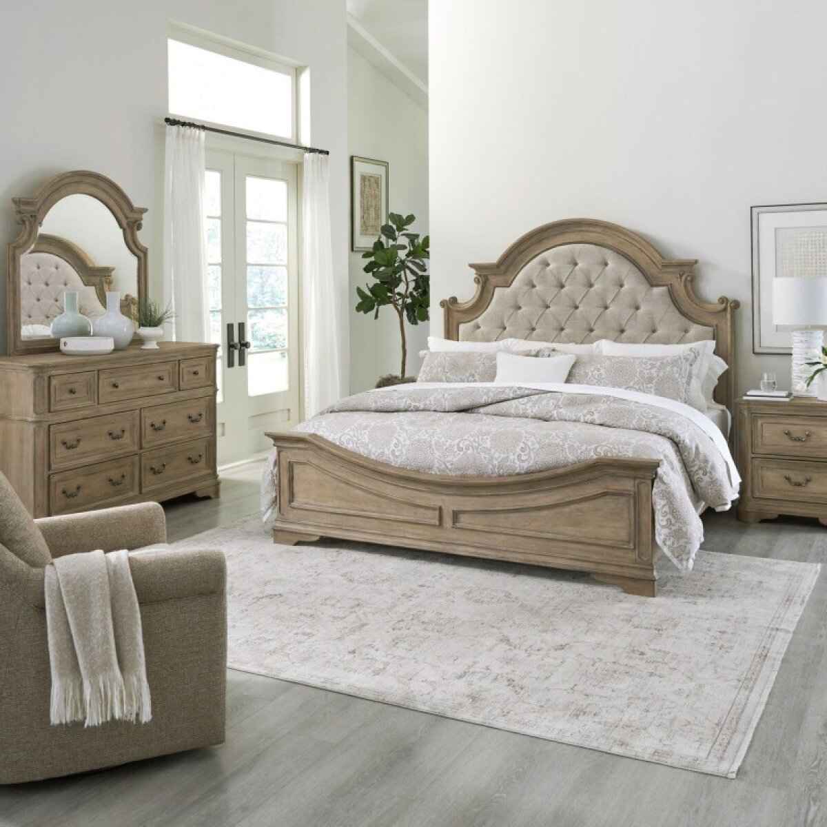 a63adc2fa179bdde2595a06d8144de4b Magnolia Manor King Uph Bed, Dresser & Mirror, Night Stand - Image 1