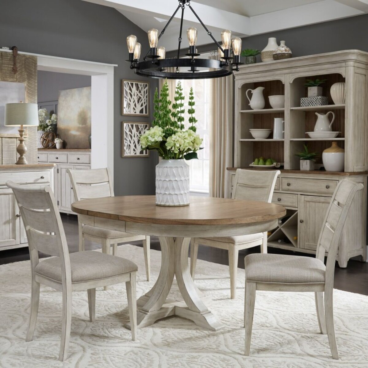 a885c9dca515259f6ac1031e18963318 Farmhouse Reimagined Opt 5 Piece Pedestal Table Set - Image 1