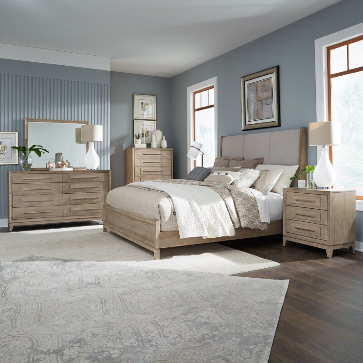 a8bf5ce4c900c0b911aa1610c710c56f Brentwood Queen Uph Bed, Dresser & Mirror, Chest, Night Stand - Image 1