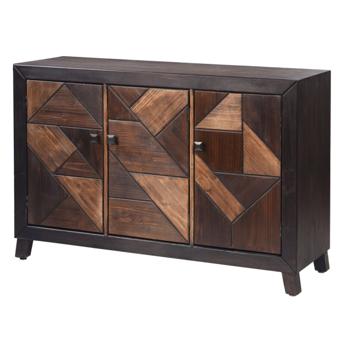 aab2fe99b556a48f3e657874ef3d51af 3 Door Credenza With Finished Wood In A Laced Chevron Pattern And Fixed Shelf Behind Each Door - Image 1