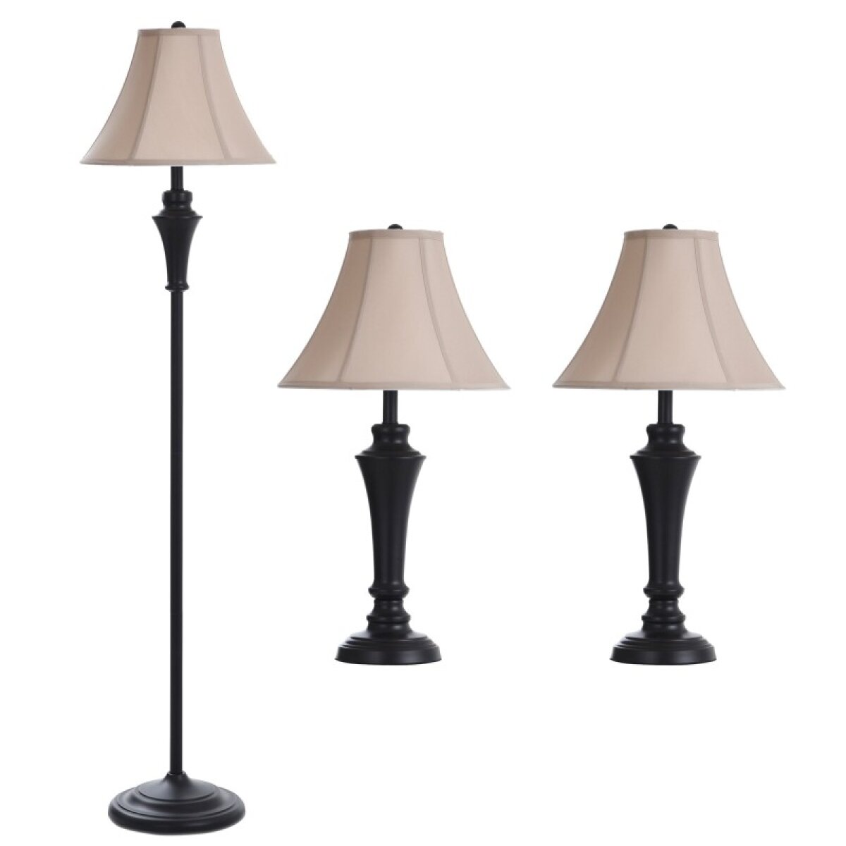 ac09bf3093c7dd6757bb75e19d229854 Qb-set Of Two Aged Bronze Steel Table Lamps One Aged Bronze Steel Floor Lamp Fabric Shades - Image 1
