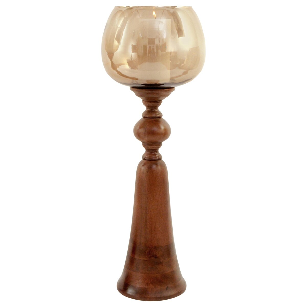 aca7aeb1956a4e380197b0d613edb0d4 Puri Candle Holder- Medium | Natural Brown Finish On Wood With Smoke Glass Globe - Image 1