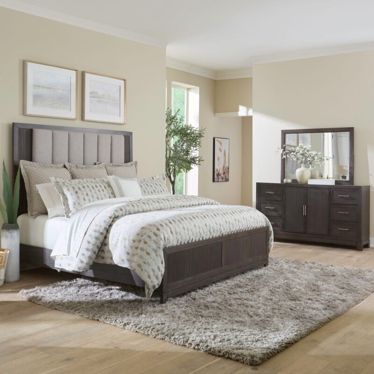 af2c6486feecfa53d2dc22d1bb0ca5df King California Uph Bed, Dresser & Mirror - Image 1