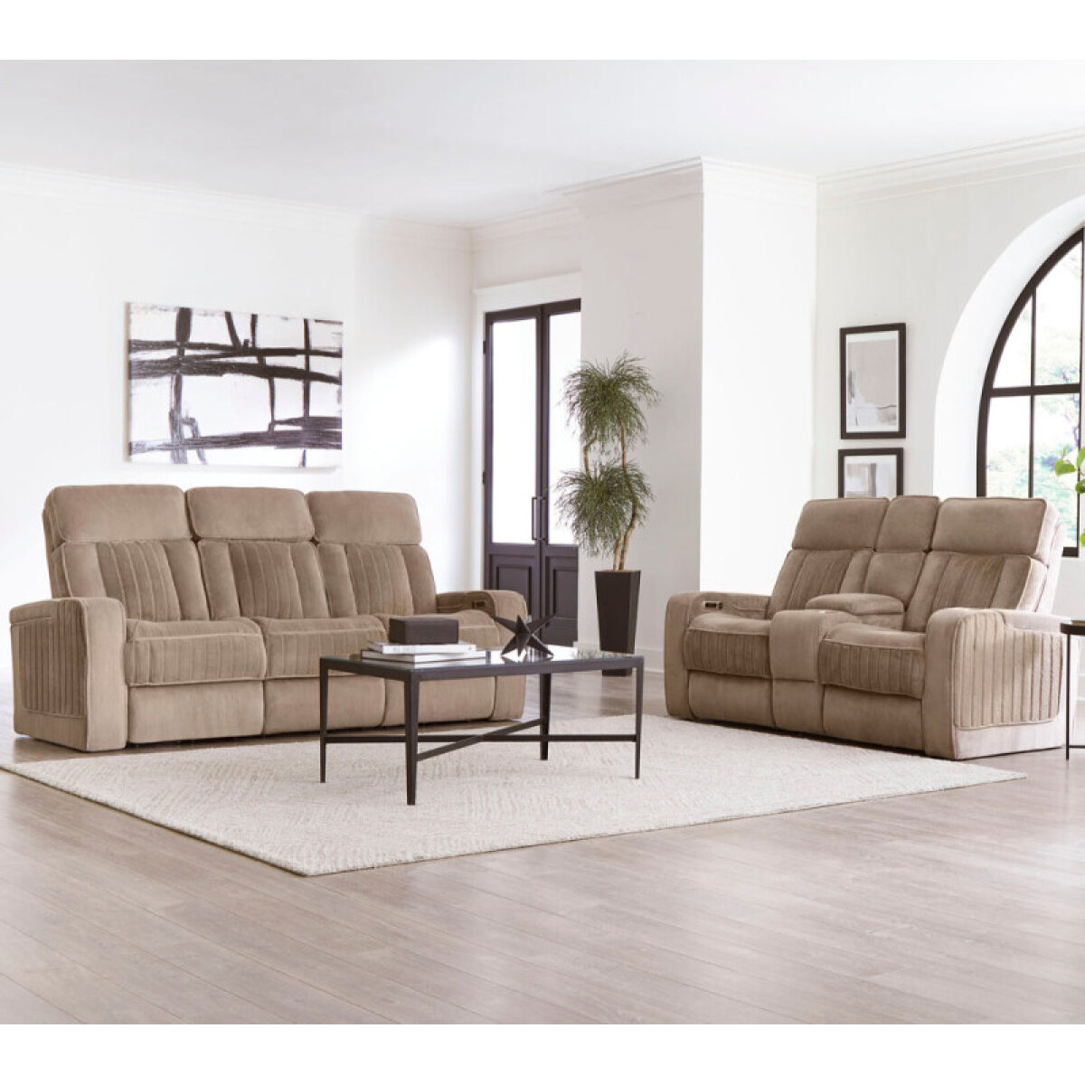 af8924510bffa5c07c2107d2f7b046c8 Equinox - Mushroom Power Sofa Group With Power Headrests - Image 1