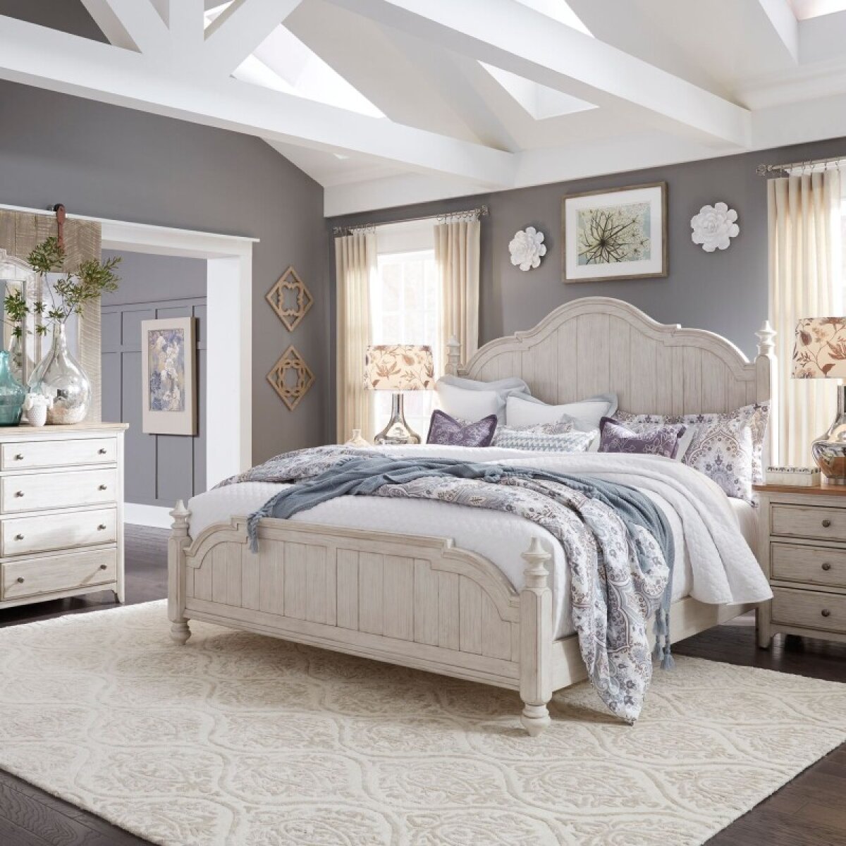 b0672f5f2734de4b8abedb31a3648c96 Farmhouse Reimagined Queen Poster Bed, Dresser & Mirror, Night Stand - Image 1