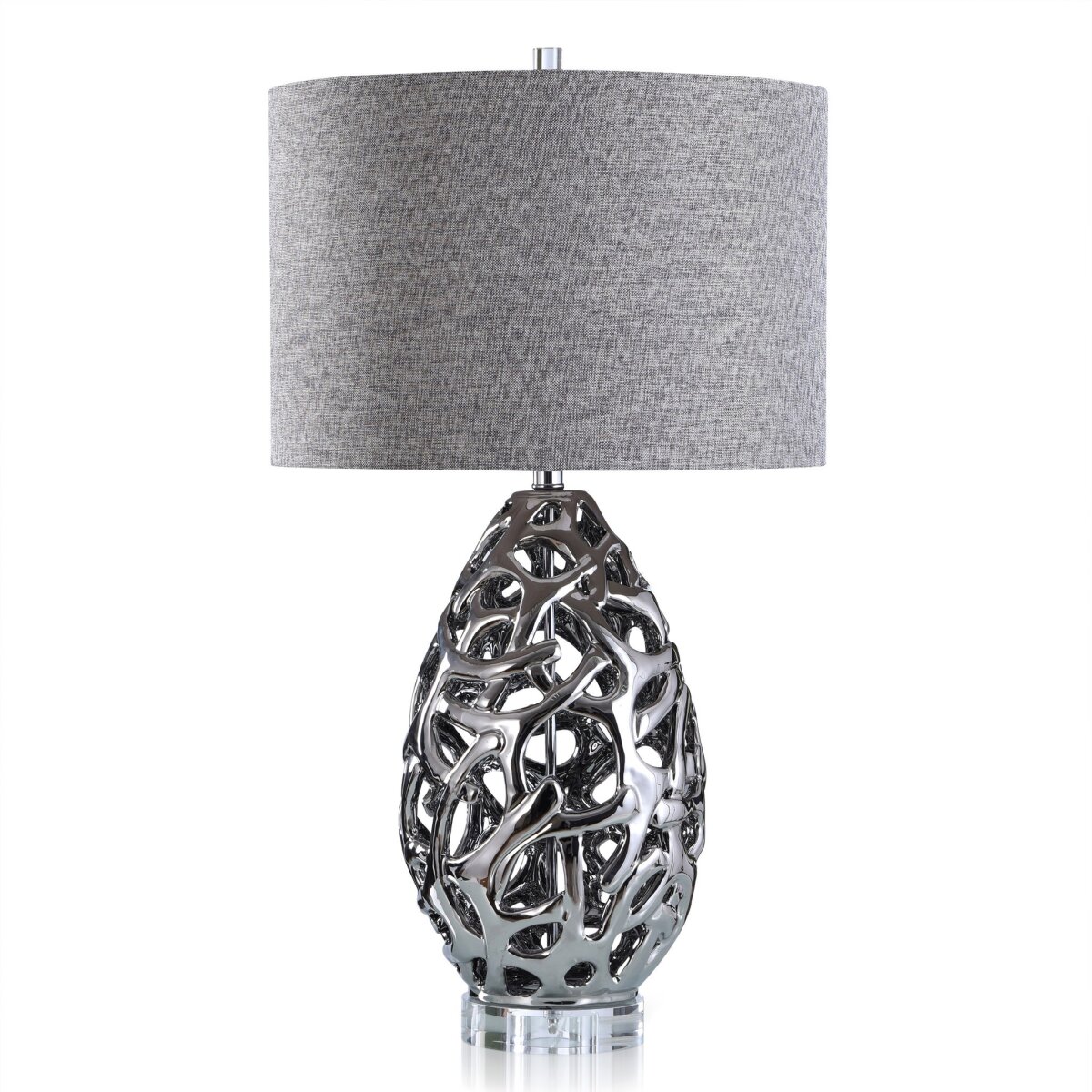 b48cd79050c7b128a3cbda319686f425 Caldonia Table Lamp | Silver Finish On Ceramic Body With Crystal Base | Hardback Shade - Image 1
