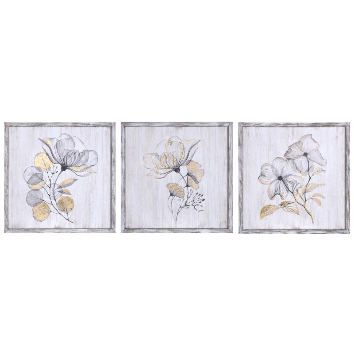 b4bd7faf9258286b4b300c028cf9d74e Flower Trio Set Of Three Rustic Wood Framed Prints With Gold Painted Accents - Image 1
